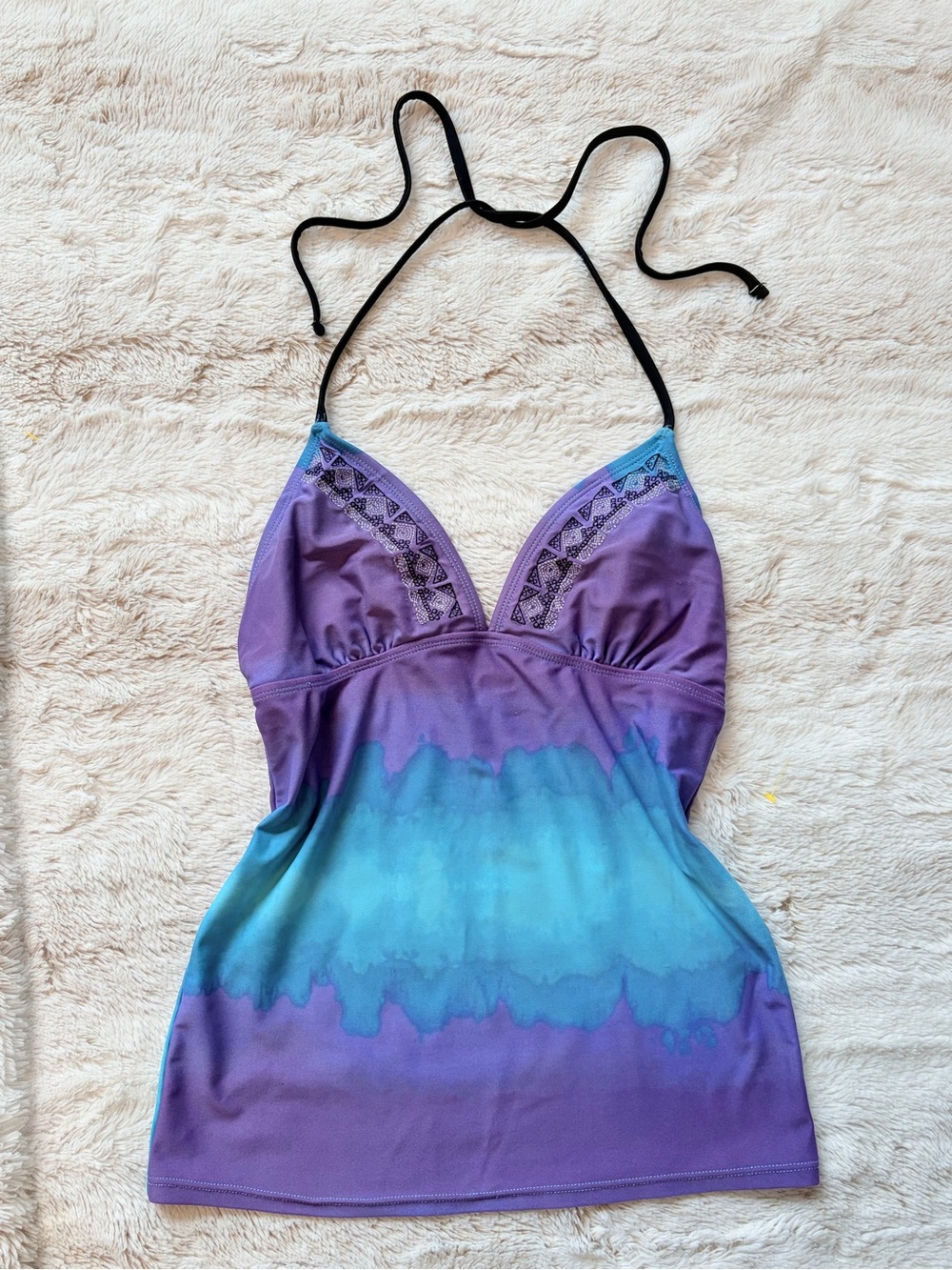 💜 Y2K Purple Blue Halter Tankini Going Out Top Built In Bra Festival Rave Fairy